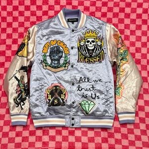 Reason Metallic Bomber Jacket with Vibrant Graphics